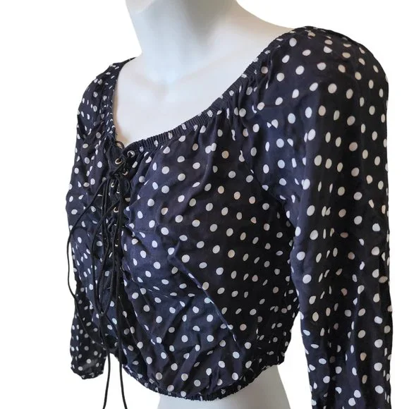Windsor Lace Up Polka Dot Crop Top - Black/White, Small - Picture 5 of 10